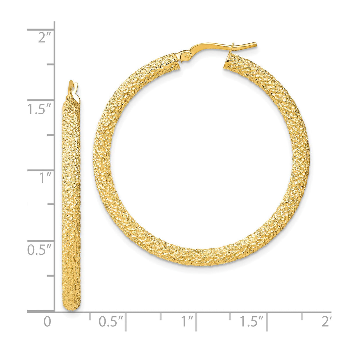 14k Yellow Gold Hoop Earrings with Hammered Finish, Textured Bold Design, Latch Back Closure