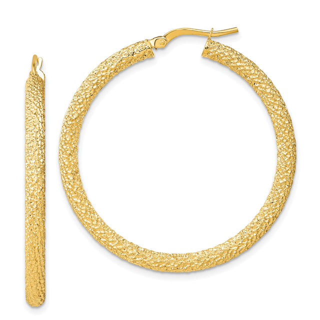 14k Yellow Gold Hoop Earrings with Hammered Finish, Textured Bold Design, Latch Back Closure