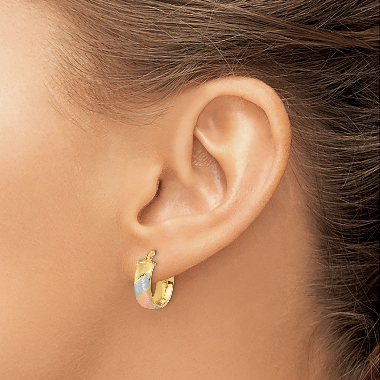 14k Tri-Color Gold Hoop Earrings, Brushed and Polished Finish, Timeless Style for Women