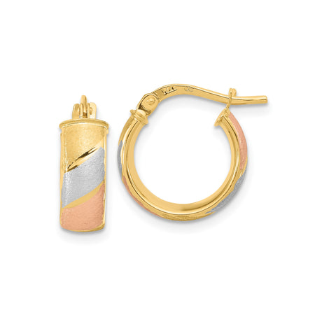 14k Tri-Color Gold Hoop Earrings, Brushed and Polished Finish, Timeless Style for Women