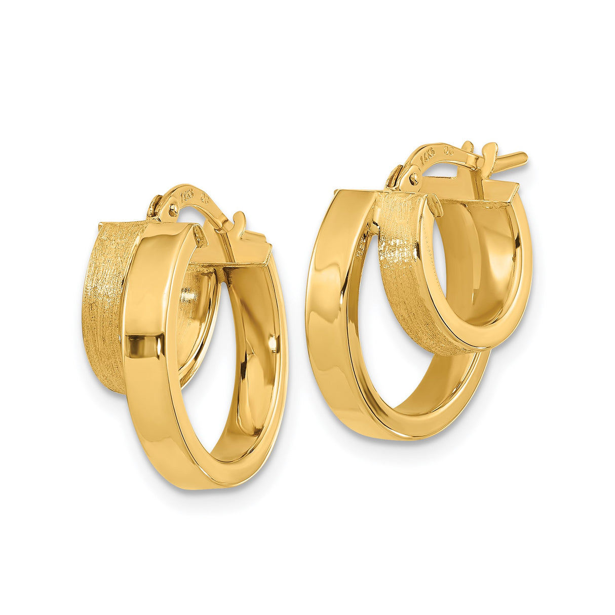 14k Yellow Gold Hoop Earrings with Double Layer Square Design, Brushed and Polished Finish