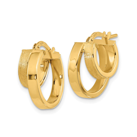 14k Yellow Gold Hoop Earrings with Double Layer Square Design, Brushed and Polished Finish