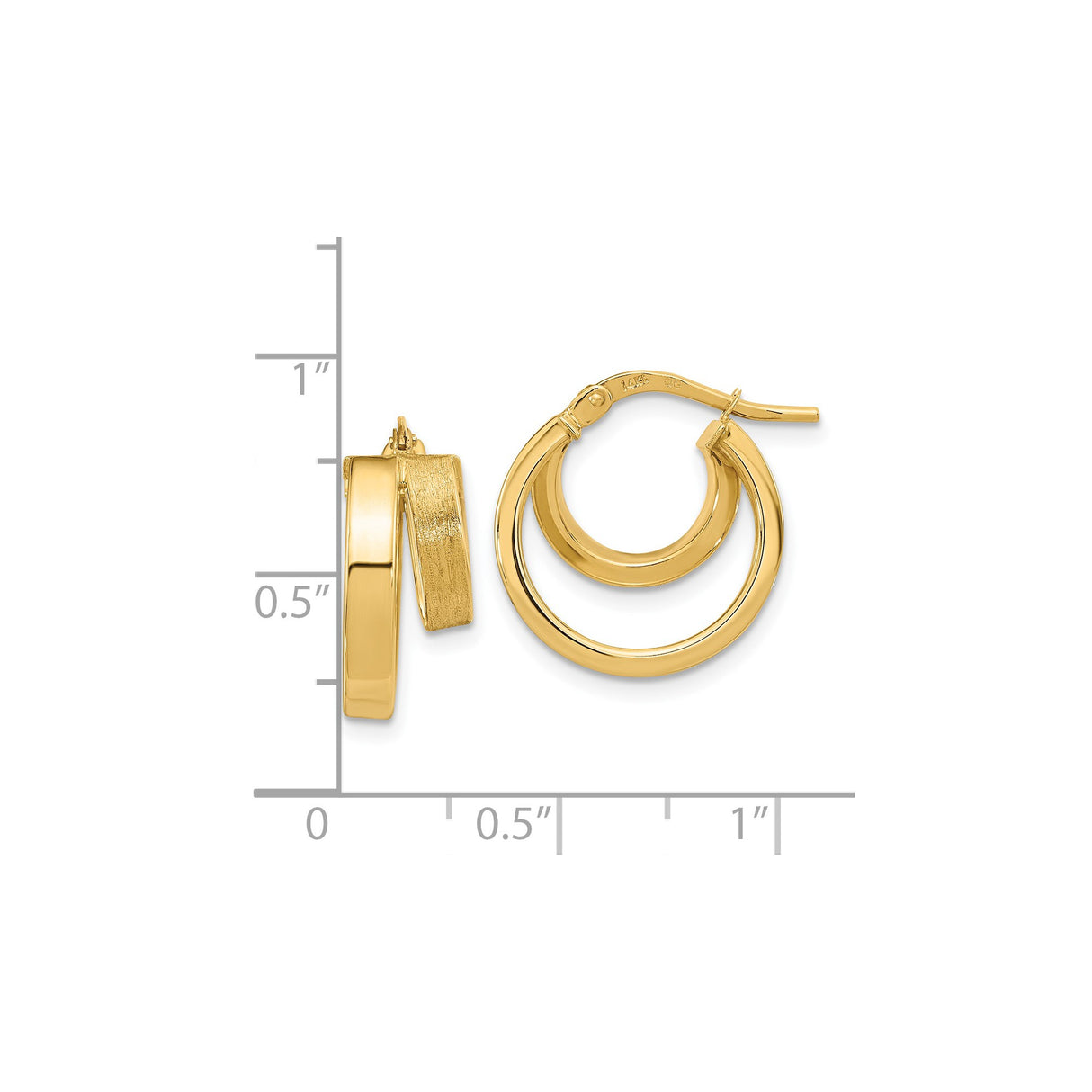 14k Yellow Gold Hoop Earrings with Double Layer Square Design, Brushed and Polished Finish