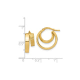 14k Yellow Gold Hoop Earrings with Double Layer Square Design, Brushed and Polished Finish