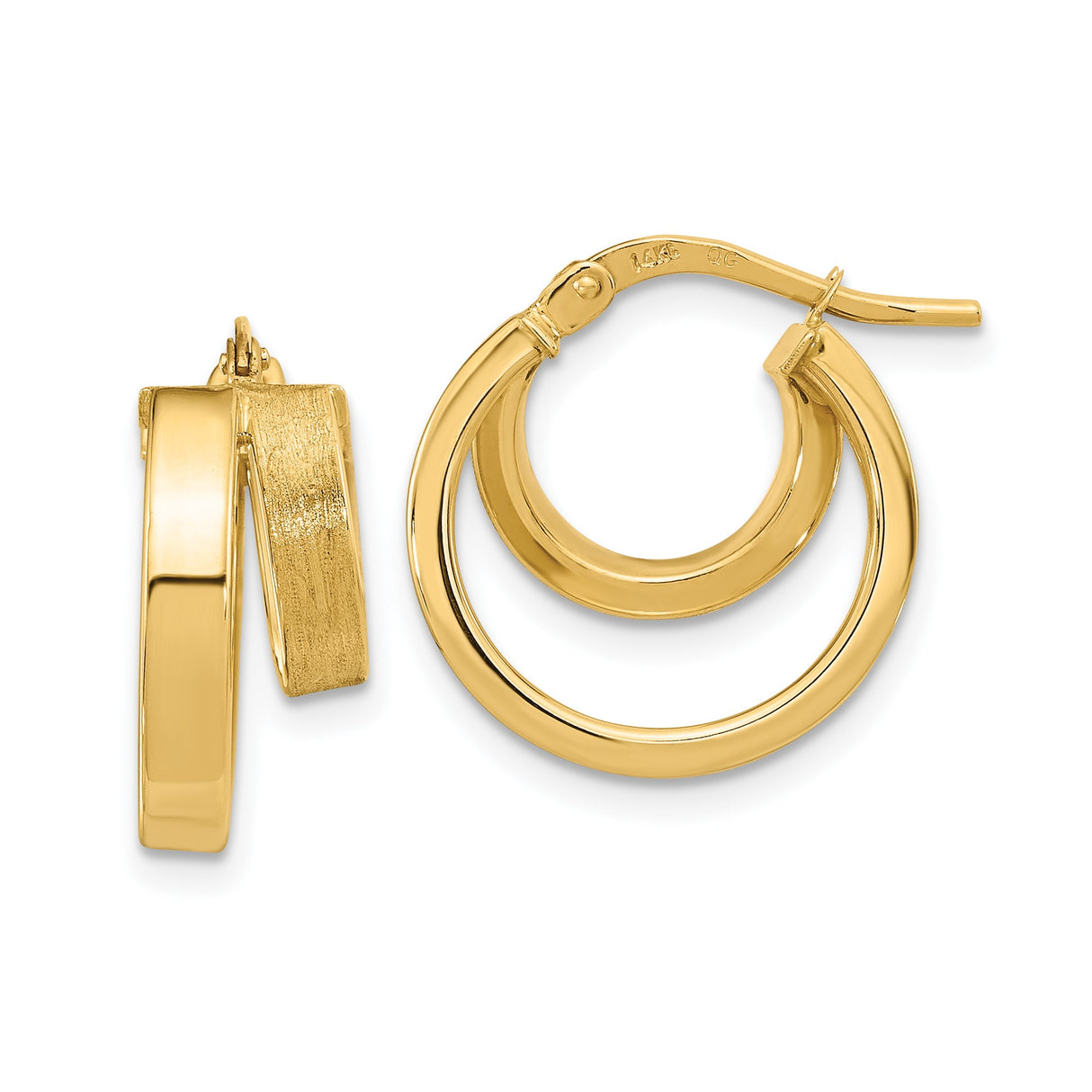 14k Yellow Gold Hoop Earrings with Double Layer Square Design, Brushed and Polished Finish