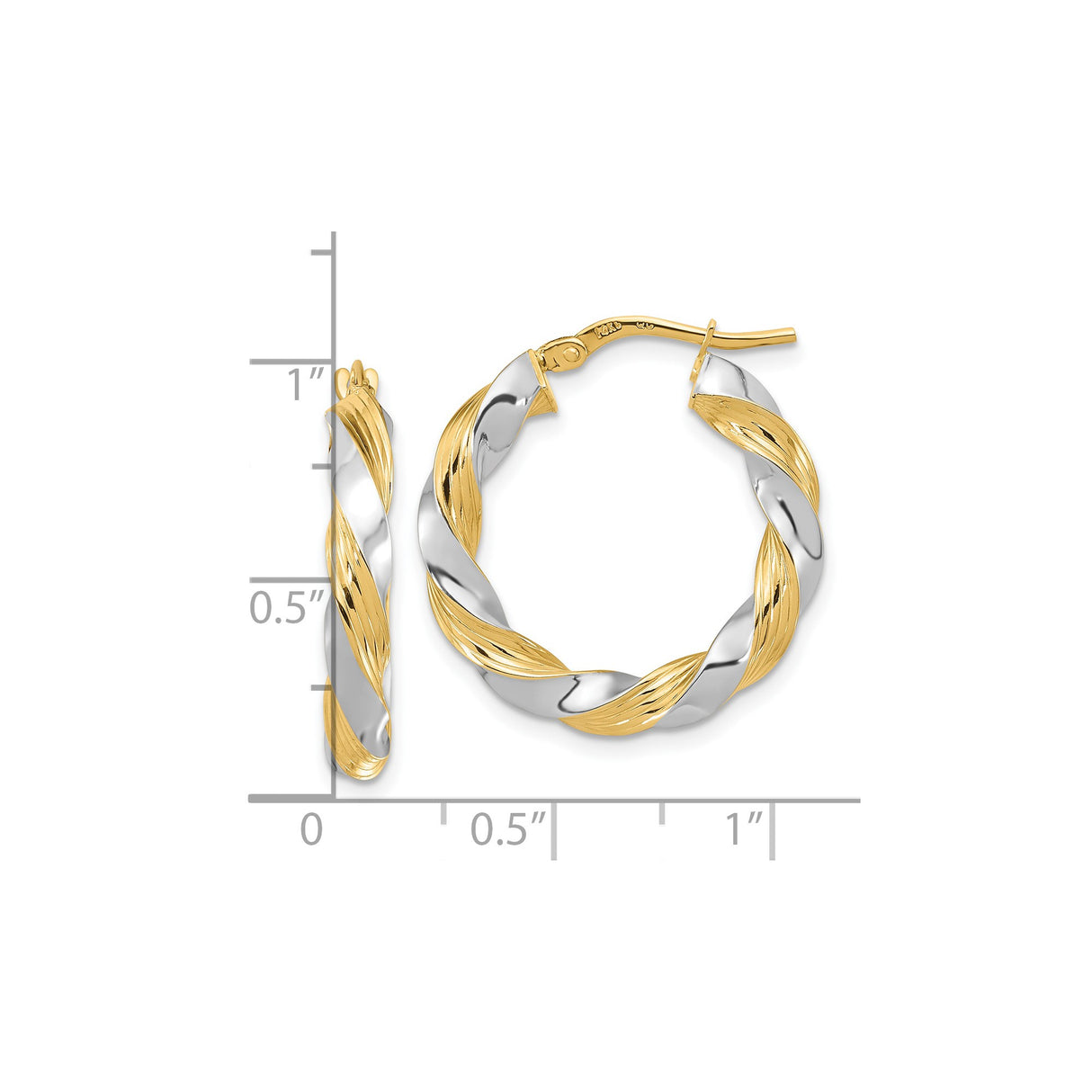 14k Two Tone Gold Twisted Hoop Earrings, Polished and Textured Spiral Design