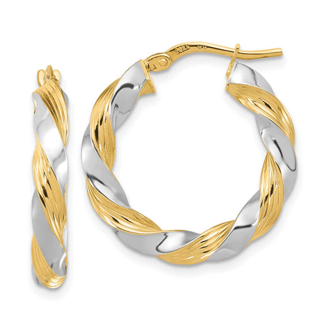 14k Two Tone Gold Twisted Hoop Earrings, Polished and Textured Spiral Design