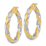 14k Yellow Gold and White Gold Twisted Hoop Earrings, Intertwined Polished Design for Women
