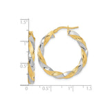 14k Yellow Gold and White Gold Twisted Hoop Earrings, Intertwined Polished Design for Women
