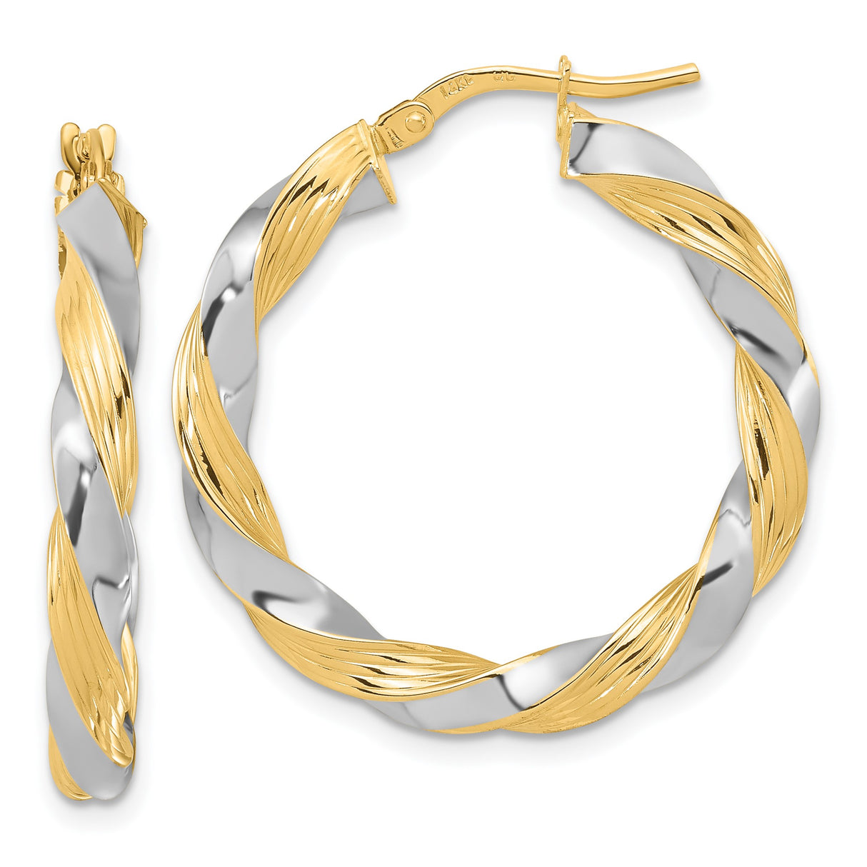 14k Yellow Gold and White Gold Twisted Hoop Earrings, Intertwined Polished Design for Women