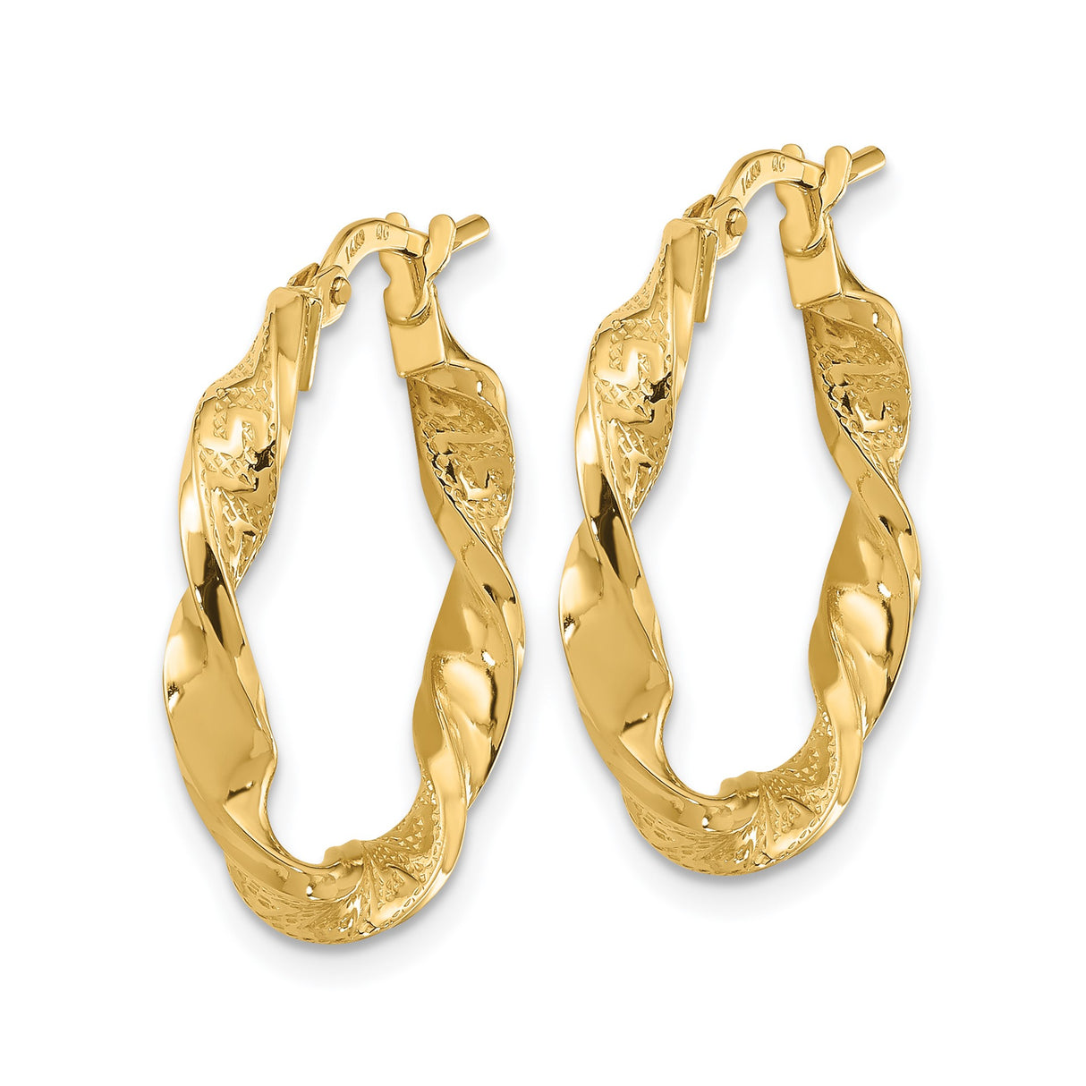 14k Yellow Gold Hoop Earrings, Twisted Design with Polished and Textured Finish, Medium Size