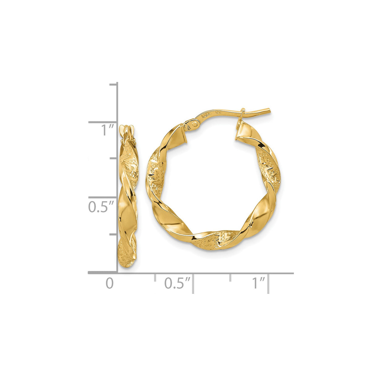 14k Yellow Gold Hoop Earrings, Twisted Design with Polished and Textured Finish, Medium Size