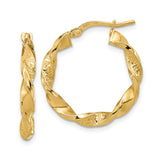 14k Yellow Gold Hoop Earrings, Twisted Design with Polished and Textured Finish, Medium Size