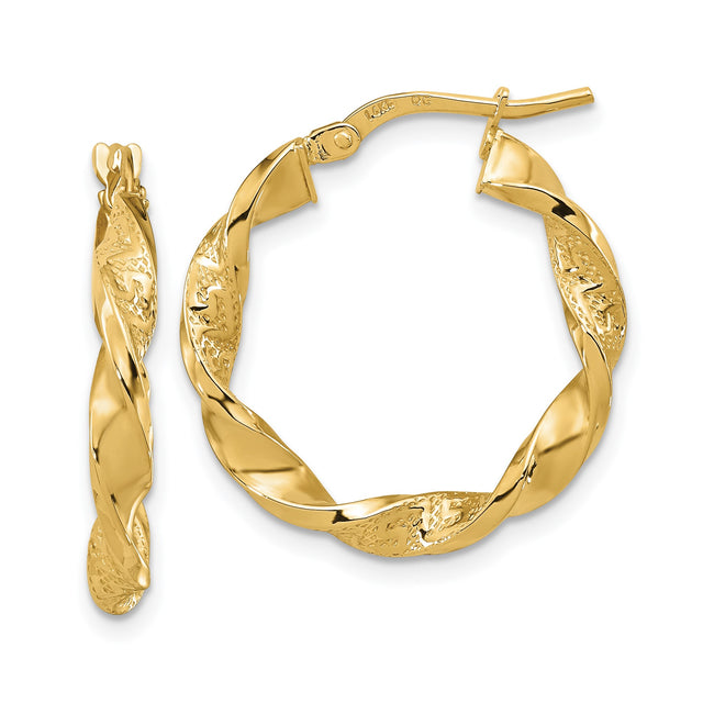14k Yellow Gold Hoop Earrings, Twisted Design with Polished and Textured Finish, Medium Size