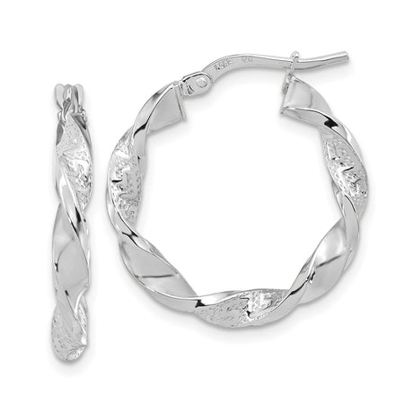 14k White Gold Hoop Earrings with Twisted Swirl Design, Lightweight and Textured Style