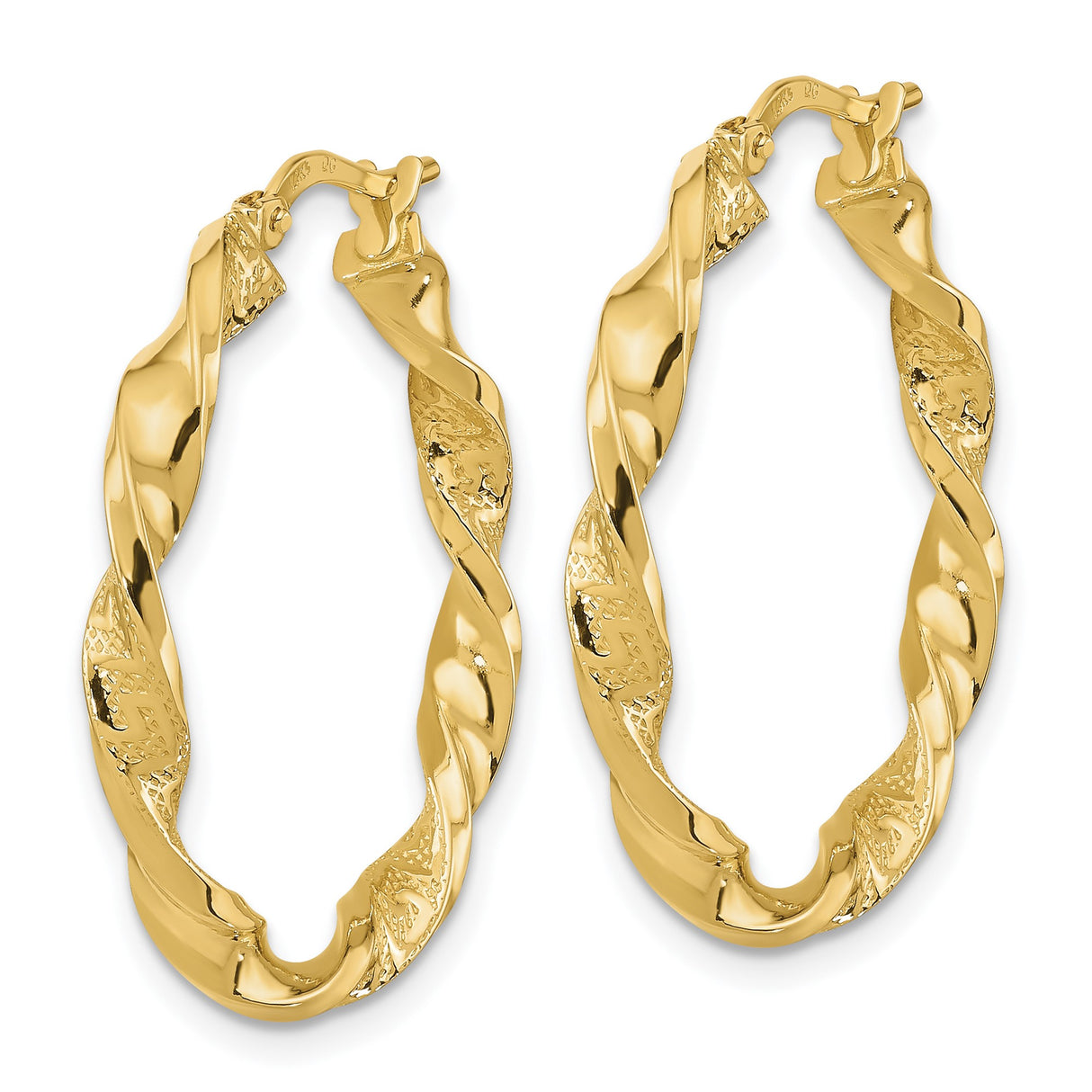 14k Yellow Gold Hoop Earrings with Twisted Textured Design and Polished Finish for Women