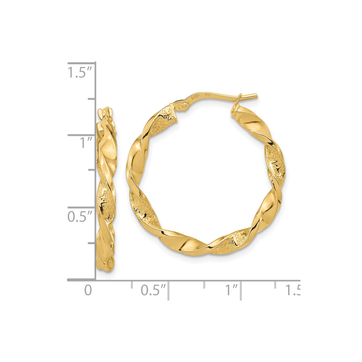 14k Yellow Gold Hoop Earrings with Twisted Textured Design and Polished Finish for Women