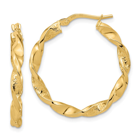 14k Yellow Gold Hoop Earrings with Twisted Textured Design and Polished Finish for Women