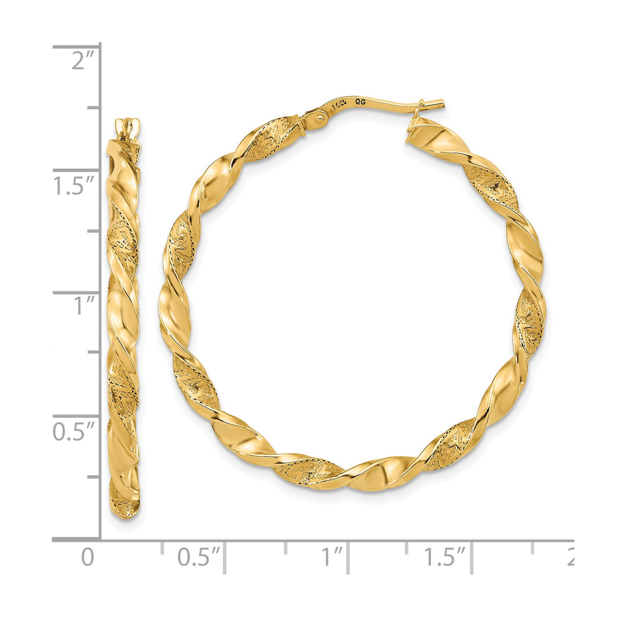 14k Yellow Gold Hoop Earrings, Twisted Design with Textured and Polished Finish