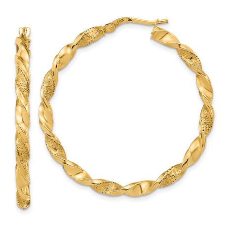 14k Yellow Gold Hoop Earrings, Twisted Design with Textured and Polished Finish
