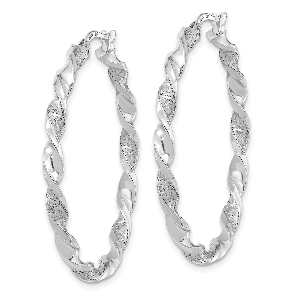 14k White Gold Twisted Hoop Earrings with High Polish and Diamond-Cut Spiral Design