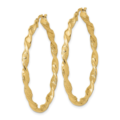 14k Yellow Gold Twisted Hoop Earrings with Polished and Textured Rope Design