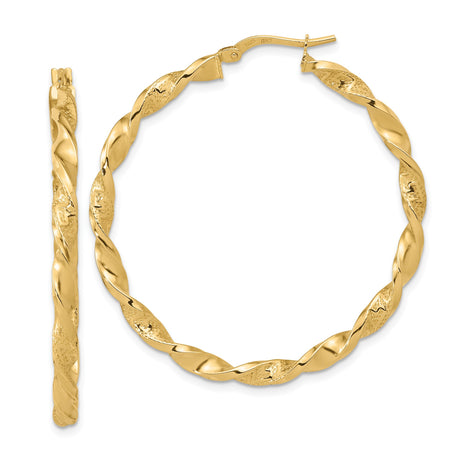 14k Yellow Gold Twisted Hoop Earrings with Polished and Textured Rope Design