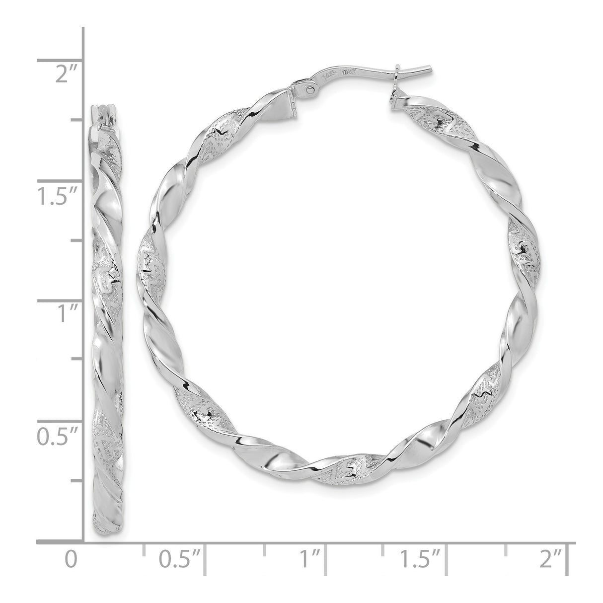 14k White Gold Twisted Hoop Earrings, Textured and Polished Two-Tone Style, Womens Large Hoops