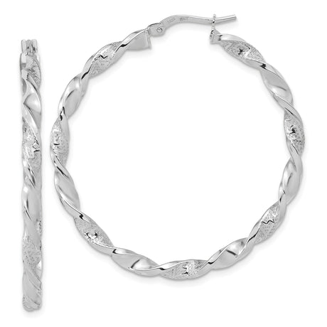 14k White Gold Twisted Hoop Earrings, Textured and Polished Two-Tone Style, Womens Large Hoops