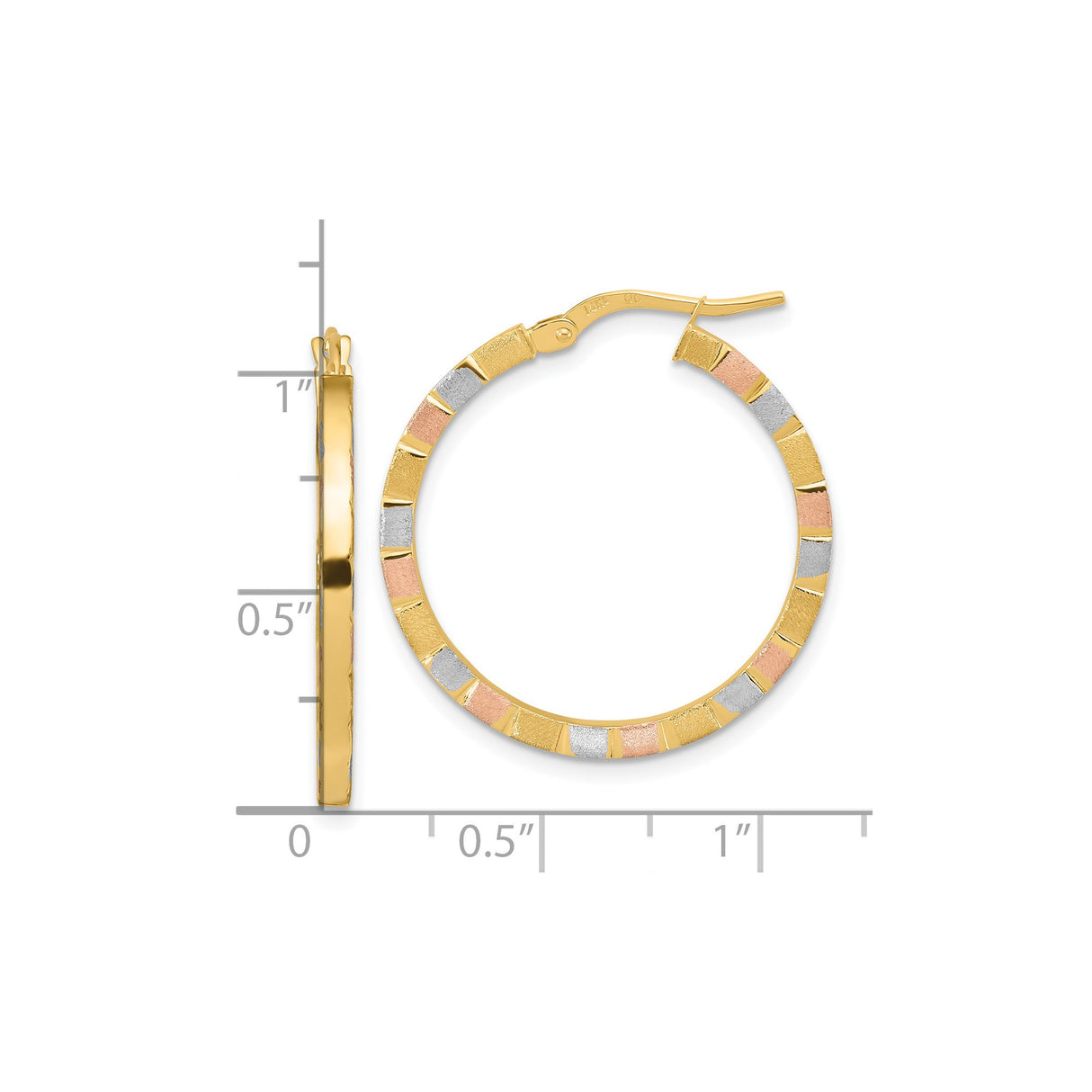 14k Tri-Color Gold Hoop Earrings, Yellow White Rose Segments, Textured Satin Finish