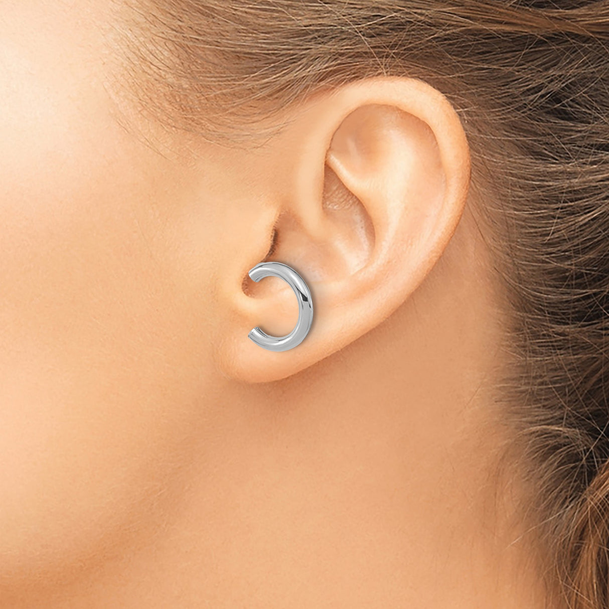 14k White Gold Hoop Earrings, Polished U Shaped Huggie Style with Hinged Back Closure