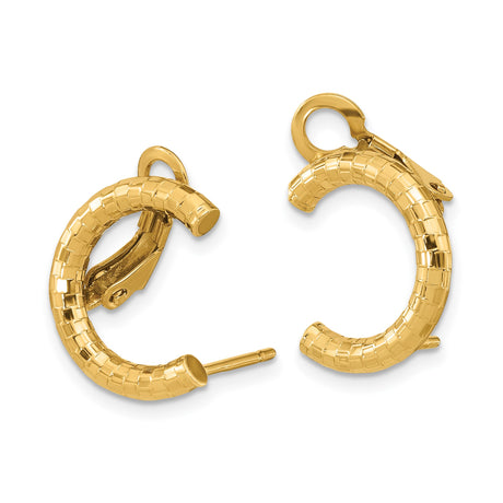 14k Yellow Gold Hoop Earrings, Small Chunky Huggie Style with Textured Square Pattern
