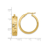 14k Yellow Gold Hoop Earrings, Textured Geometric Pattern, High Polish Finish
