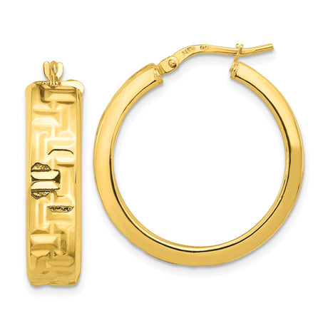 14k Yellow Gold Hoop Earrings, Textured Geometric Pattern, High Polish Finish