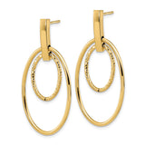 14k Yellow Gold Dangle Earrings, Polished Outer Oval with Textured Inner Oval, Double Hoop Design