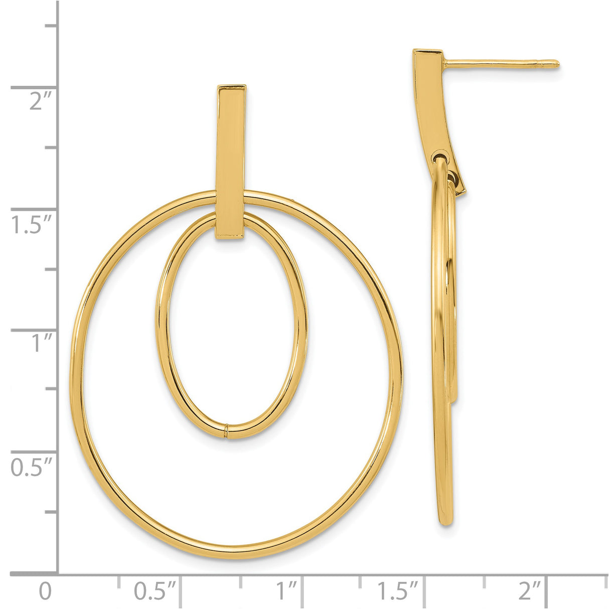 14k Yellow Gold Dangle Earrings with Double Hoop Design, Oval and Circular Geometric Style