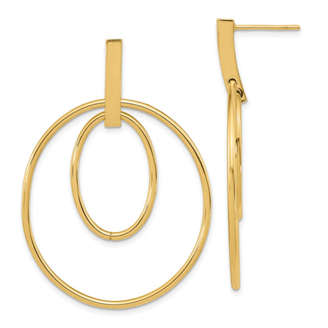 14k Yellow Gold Dangle Earrings with Double Hoop Design, Oval and Circular Geometric Style