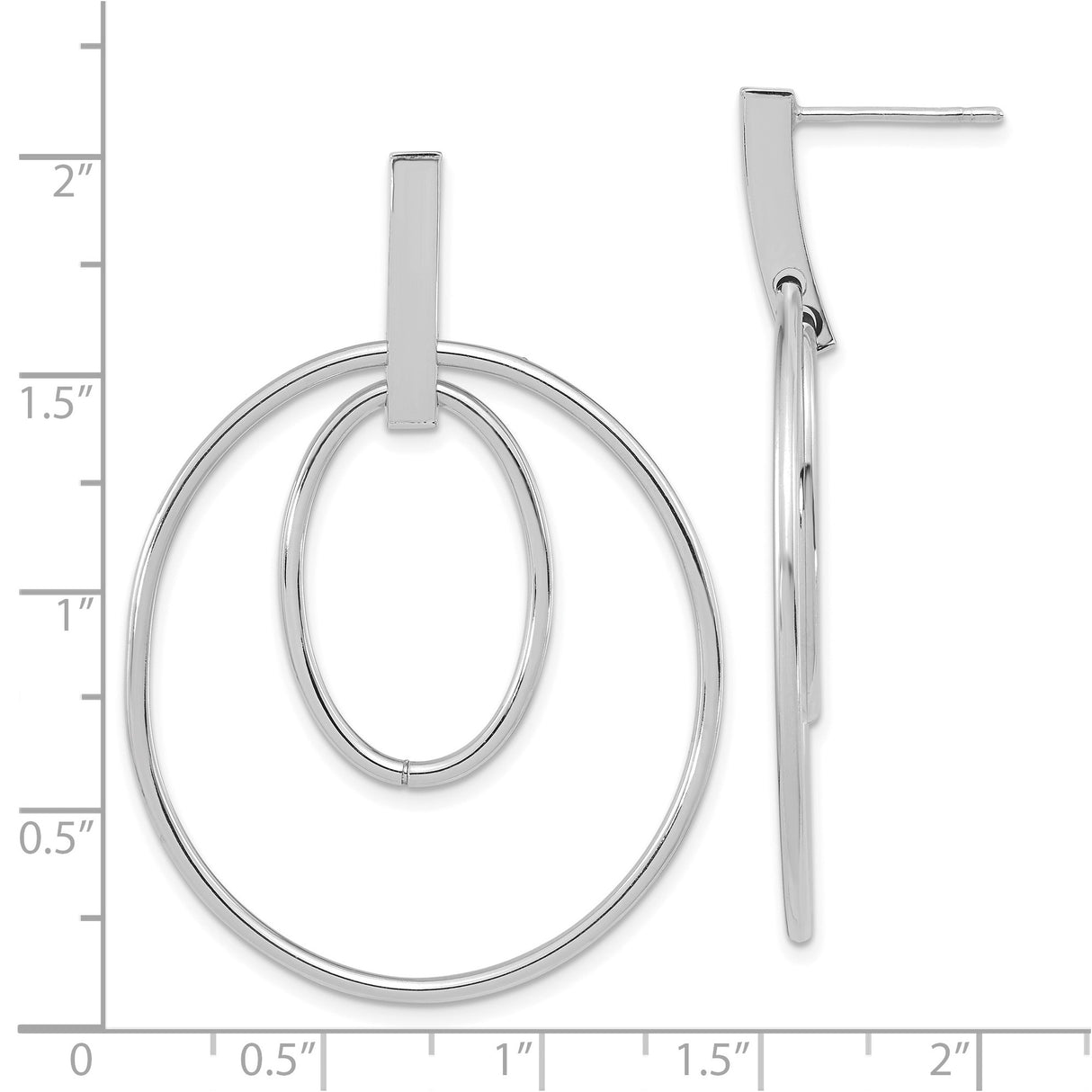 14k White Gold Dangle Earrings, Double Hoop Drop Design, Minimalist Geometric Style for Women