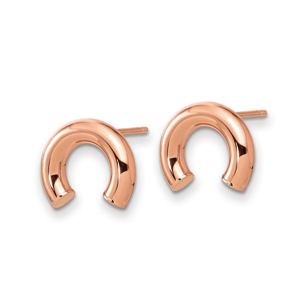 14k Rose Gold Stud Earrings, Open Crescent Hoop Design, Polished Minimalist Style