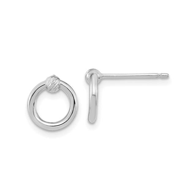 14k White Gold Open Circle Stud Earrings with Textured Bead Detail, Minimalist Design