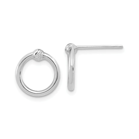 14k White Gold Circle Stud Earrings with Polished Hoop and Textured Knot Design
