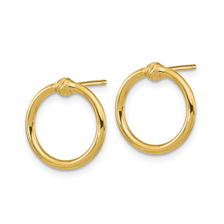 14k Yellow Gold Stud Earrings, Polished Hoop Design with Knotted Texture, Minimalist Circles