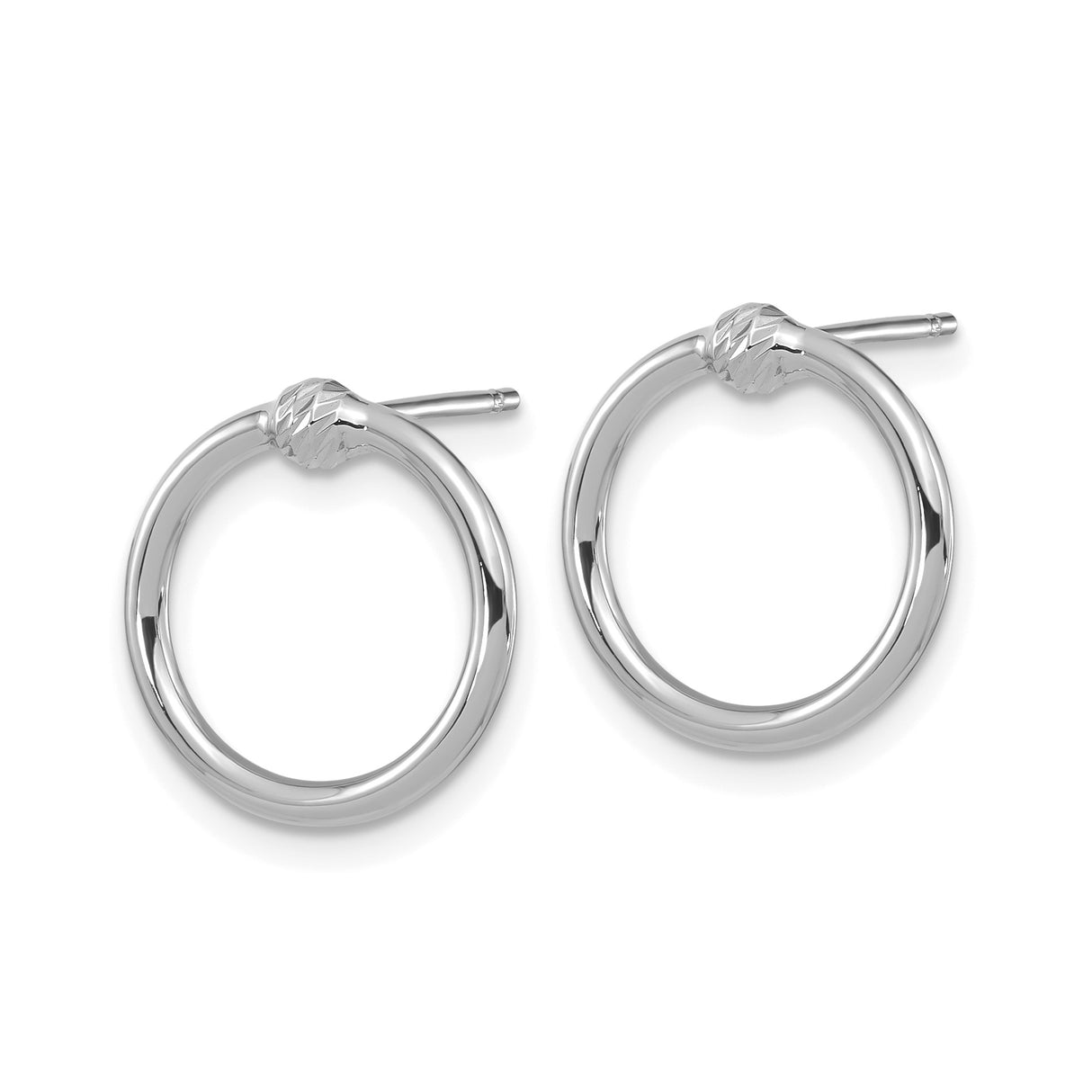 14k White Gold Circle Stud Earrings, Polished Hoop Design with Textured Accents