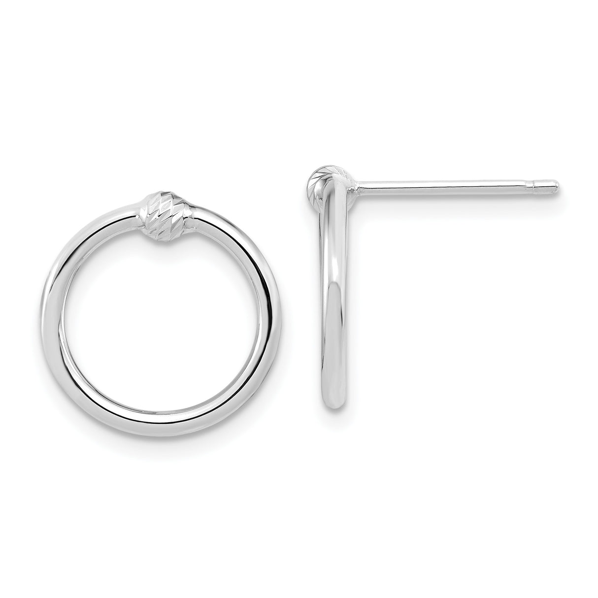 14k White Gold Circle Stud Earrings, Polished Hoop Design with Textured Accents