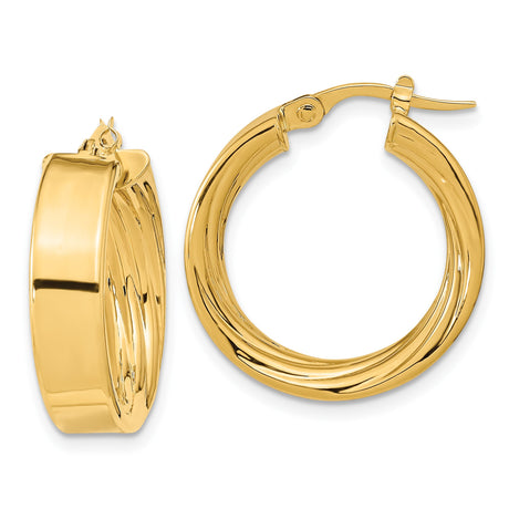 14k Yellow Gold Twisted Hoop Earrings, Medium Size Polished Classic Style for Women