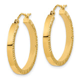 14k Yellow Gold Hoop Earrings with Textured Ridged Design, Polished Finish, Lightweight Medium Size