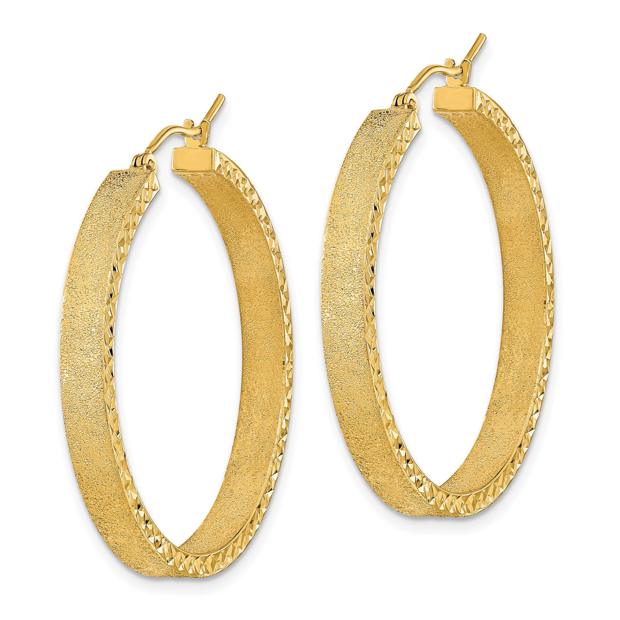 14k Yellow Gold Hoop Earrings with Diamond Cut Texture and Sandblasted Finish, Lightweight Large Hoops