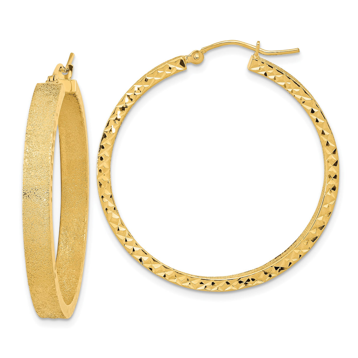 14k Yellow Gold Hoop Earrings with Diamond Cut Texture and Sandblasted Finish, Lightweight Large Hoops