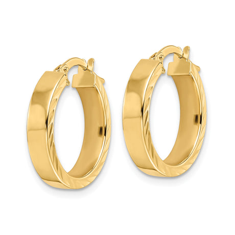 14k Yellow Gold Hoop Earrings, Polished Diamond-Cut Textured Lightweight Design for Women
