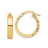 14k Yellow Gold Hoop Earrings, Polished Diamond-Cut Textured Lightweight Design for Women